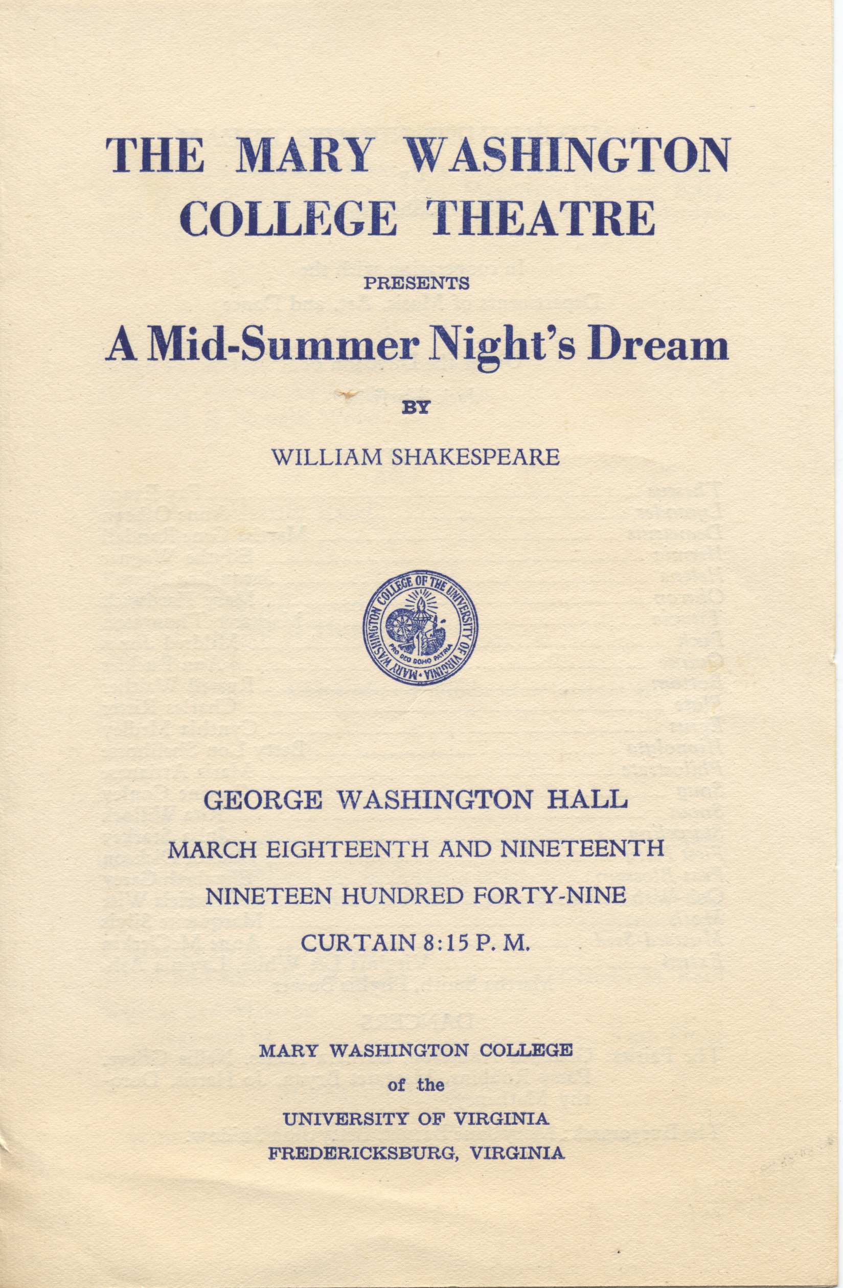 1949 A Midsummer Night's Dream Playbill Cover