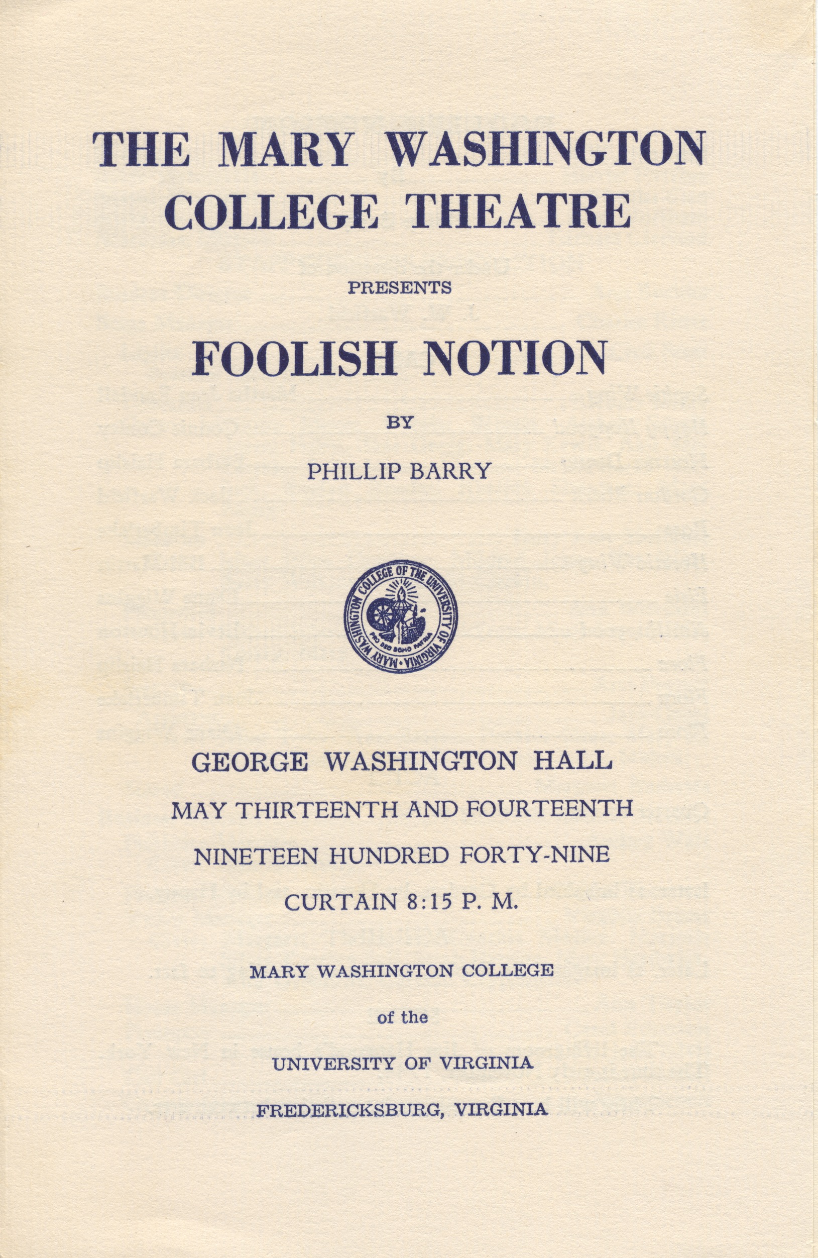 1949 Foolish Notion Playbill Cover